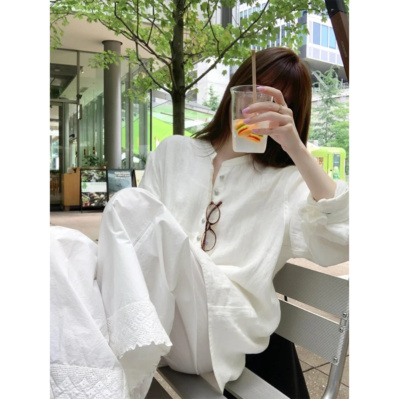 韩版高级感宽松纯色长袖睡衣女白色气质开衫长裤家居套装可外穿