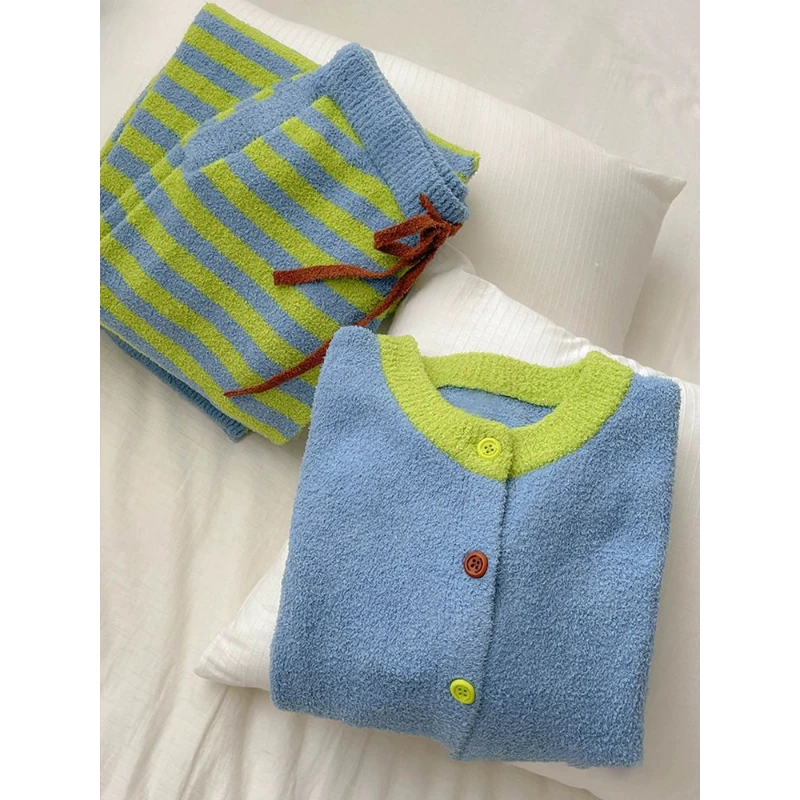 高级简约设计感条纹拼色半边绒冬季睡衣套装女2025新款开衫两件套