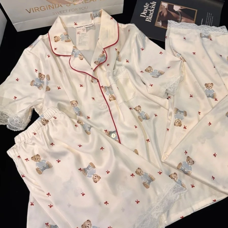 少女甜美小熊印花蕾丝花边睡衣女夏款新款短袖短裤家居服大码套装