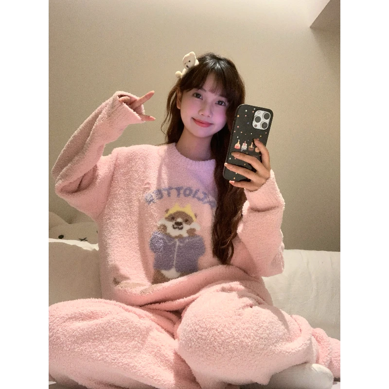 可爱小水獭半边绒睡衣女冬季新款甜美少女加厚保暖针织睡衣套装女