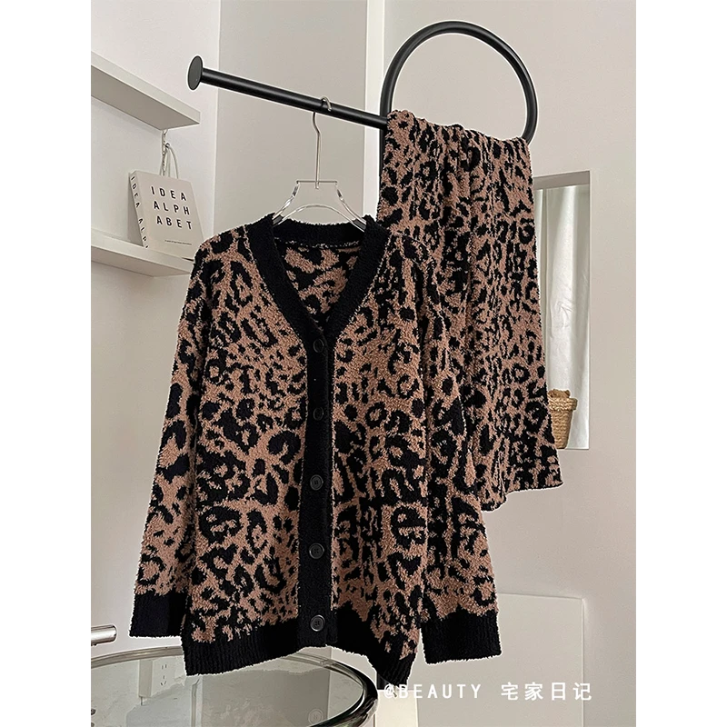 高级感网红风豹纹半边绒睡衣女款冬季保暖针织开衫长裤家居服套装