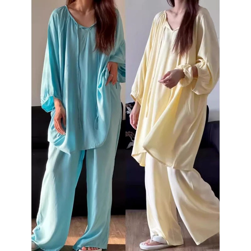 ins法式温柔慵懒风绵绸睡衣套装女款秋季简约宽松显瘦大码家居服