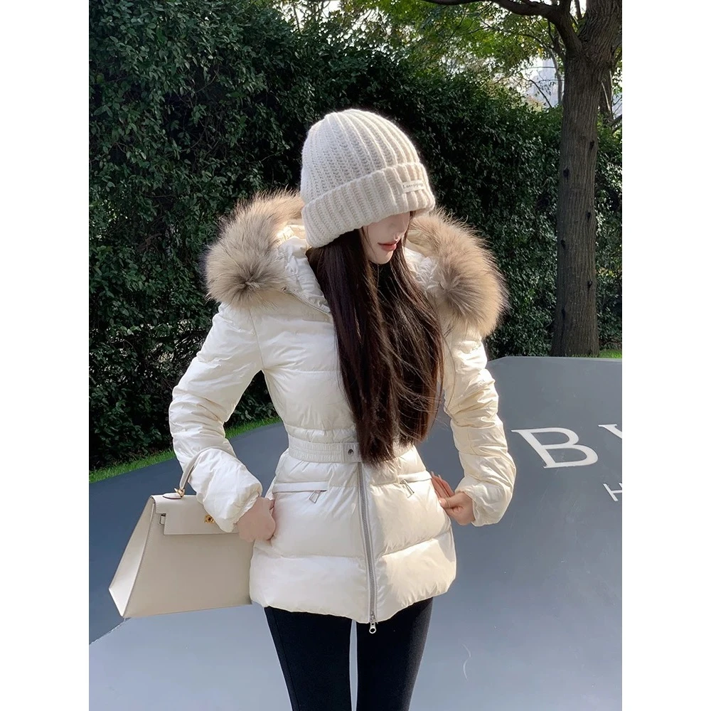 90白鹅绒短款羽绒服女新款收腰大毛领气质外套24004