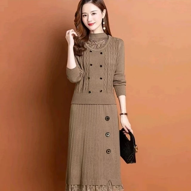 秋冬针织毛衣双扣背心马甲两件套时尚中长款气质显瘦百搭套装女士