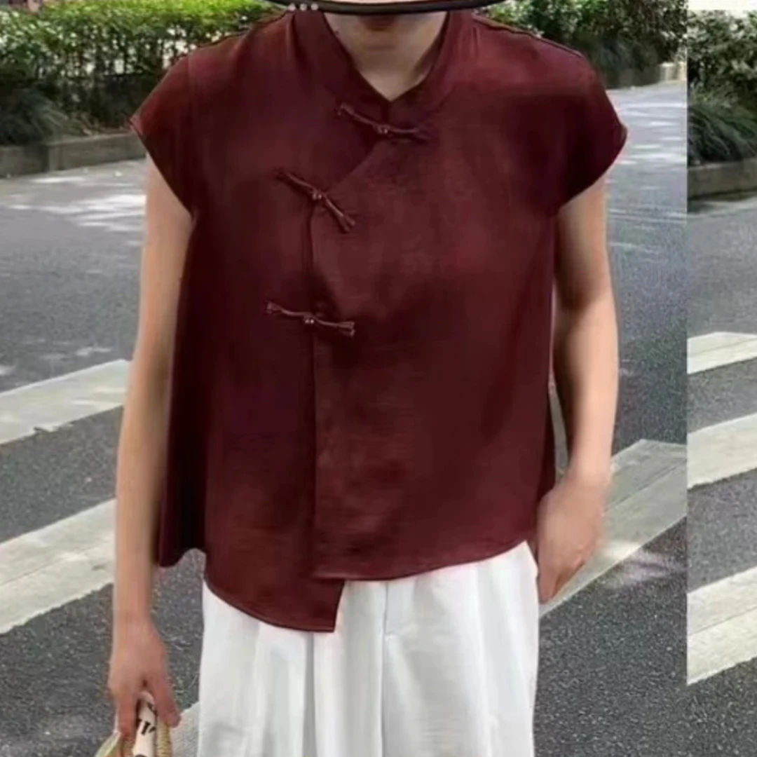 新中式醋酸缎面衬衫女夏季高级感气质国风盘扣立领飞飞袖小衫上衣