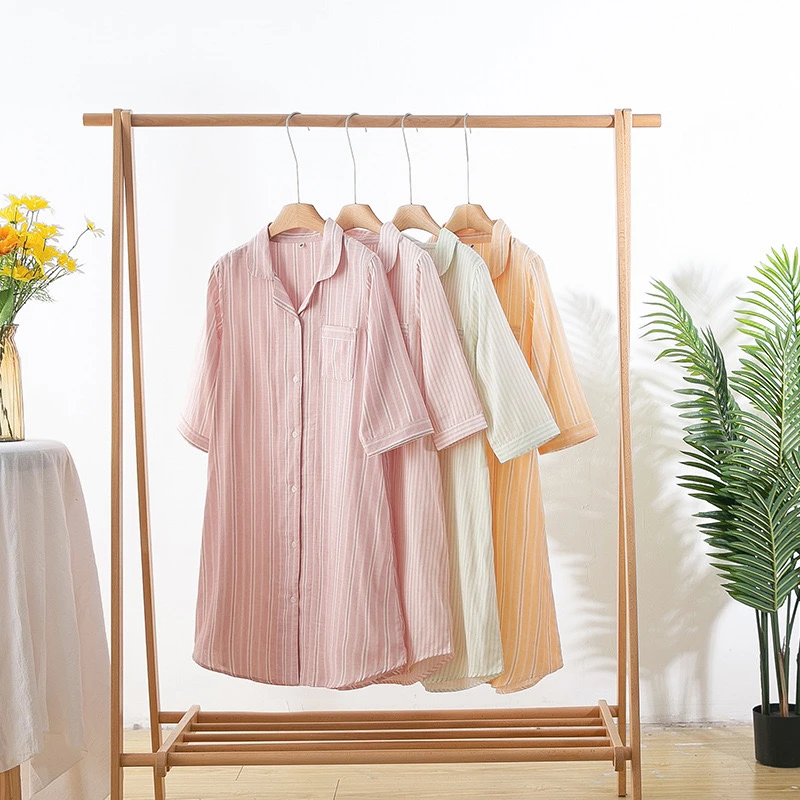 『双层棉纱』睡裙春夏全棉条纹睡衣女休闲简约睡裙家居服可外穿