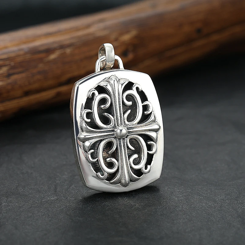 吊坠925银 霸气重工十字军花方牌吊坠做旧潮流百搭十字架挂坠男士