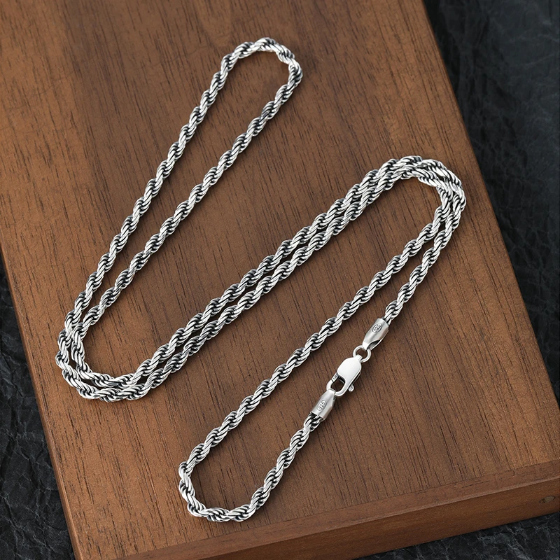 链子925银 纯银复古做旧百搭麻绳链男女潮流个性编织麻花项链肖邦