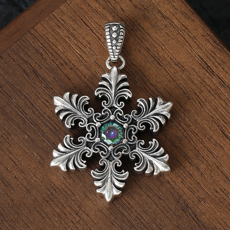 吊坠925银 创意个性小众七彩雪花复古做旧毛衣链吊坠男士纯银项坠