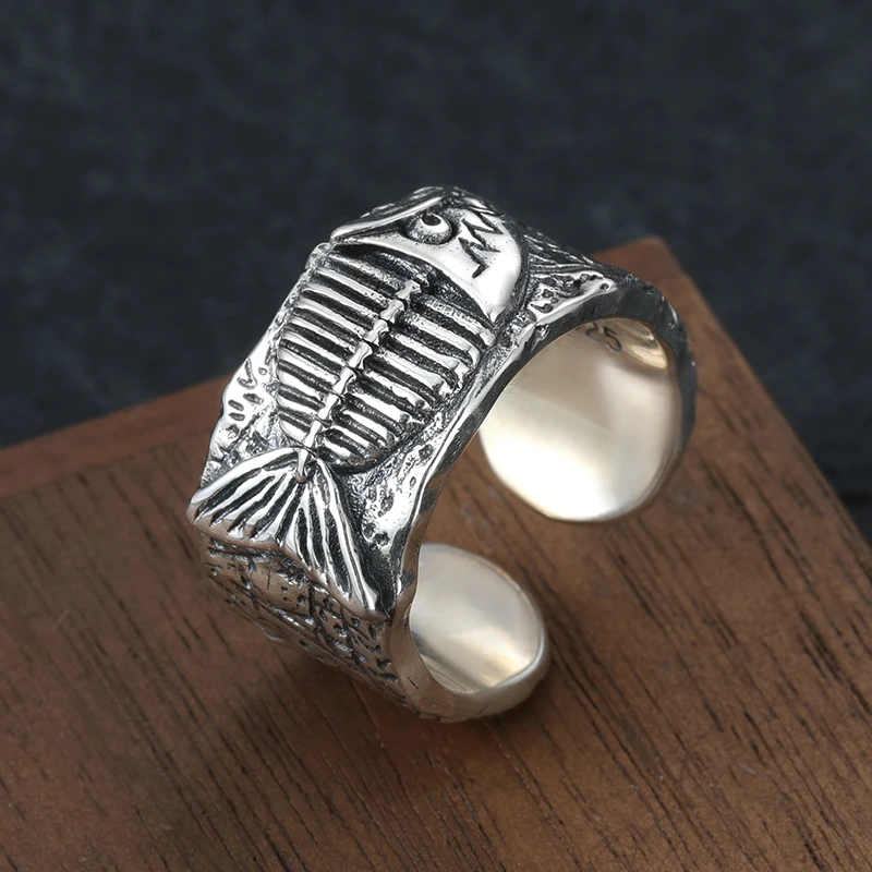 925银戒指 潮男士纯银开口可调节戒指时尚高级感手工霸气鱼骨指环