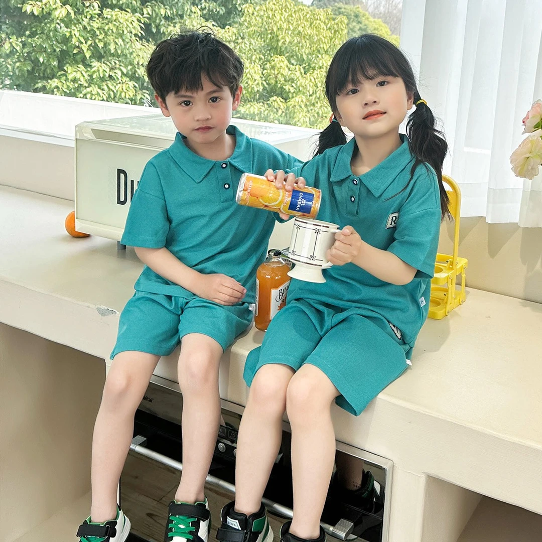 夏季韩版爆款童装华夫格儿渐变丁达尔风童短袖翻领短裤儿童两件套