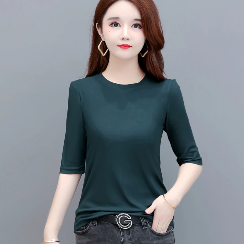春夏大码女装正肩显瘦t恤螺纹圆领纯色打底衫中袖薄款短袖t恤女士