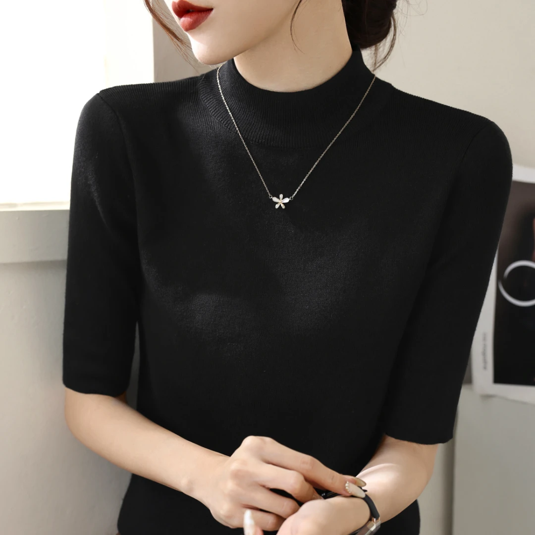 黑色半高领针织打底衫女装2025春秋新款百搭显瘦洋气修身中袖上衣