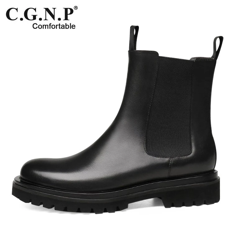 秋冬季高帮皮靴男士烟囱靴男真皮工装马丁靴切尔西靴加绒男靴保暖