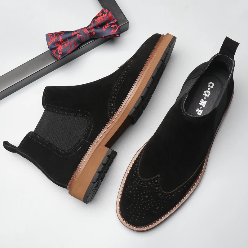 切尔西靴男反绒皮冬季加绒保暖真皮布洛克休闲百搭英伦皮靴子中帮