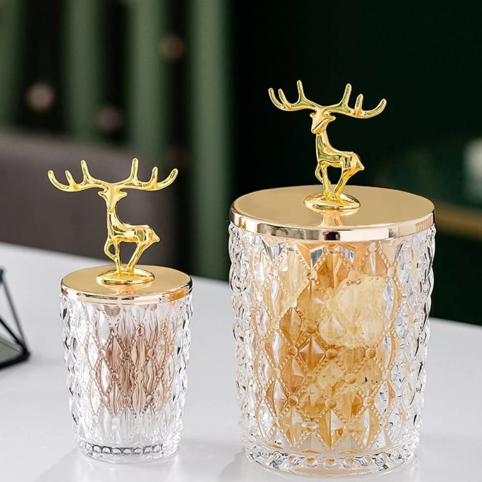 轻奢时尚小鹿收纳罐水晶玻璃牙签罐便携式糖果防尘高颜值棉签盒