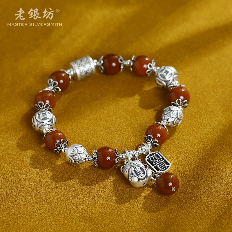 老银坊 s925银玛瑙招米猫手串 0035115