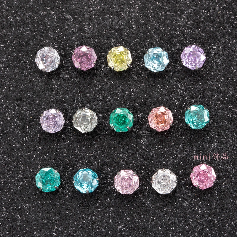 钛钢合成锆石耳饰 【A90-6mm】八边形千禧玫瑰花切耳骨钉耳蜗耳钉