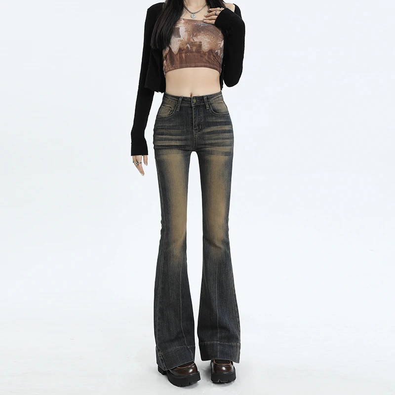 美式高街怀旧辣妹喇叭牛仔裤女2023秋冬季新款高腰微喇拖地马蹄裤