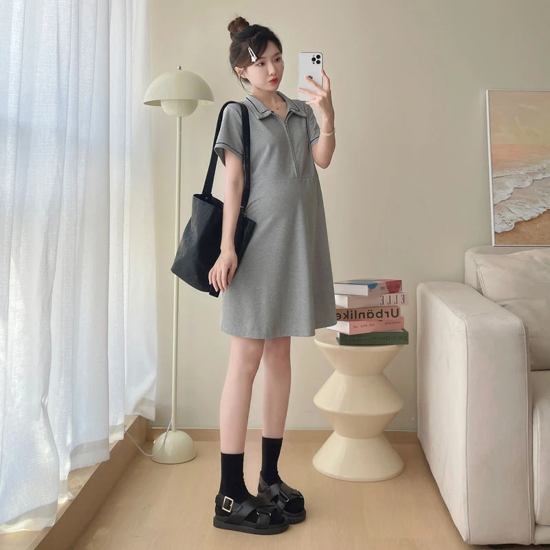 孕妇装2025夏季新品翻领休闲连衣裙小个子中长款POLO领薄款T恤裙