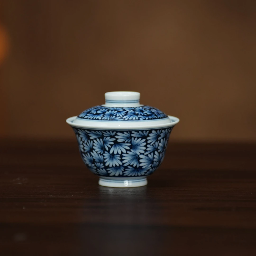 雨后 湛蓝系列 菊瓣盖碗  景德镇瓷器纯手工手绘复古陶瓷茶杯茶具