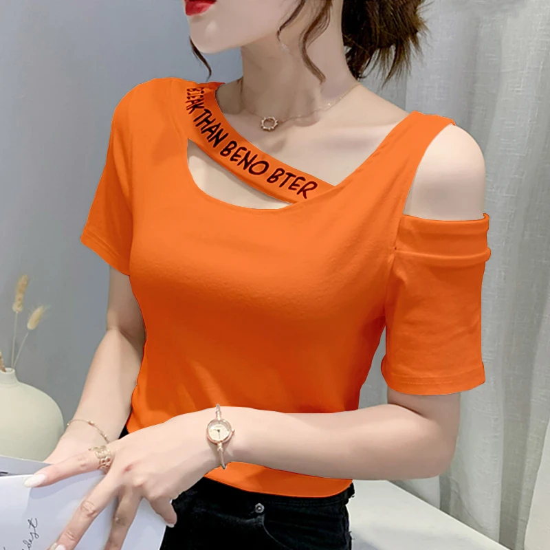 2024年夏季韩版新款圆领性感镂空设计感修身显瘦露肩T恤女短袖
