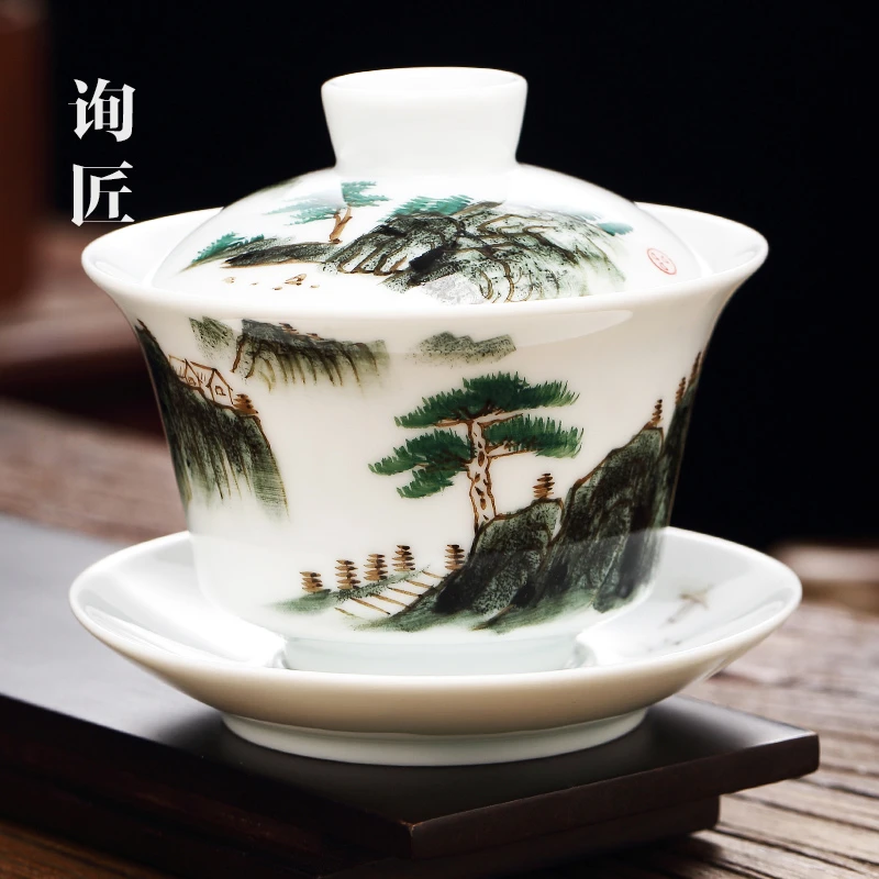 景德镇三才盖碗茶具泡茶碗特大号三炮台敬茶碗不烫手单个功夫八宝