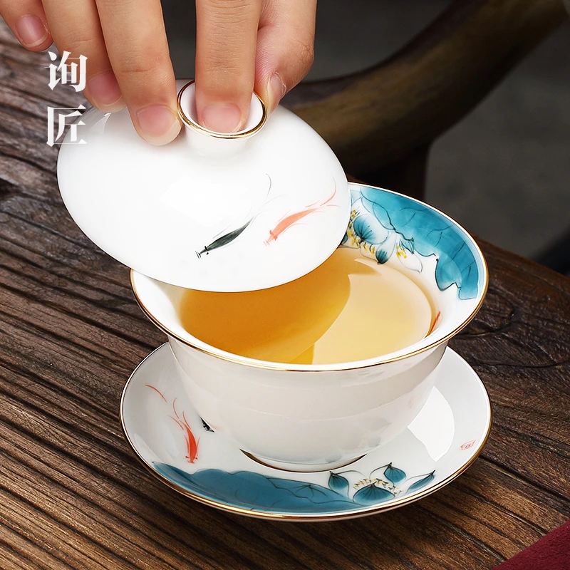 羊脂玉瓷三才盖碗茶具单个手工泡茶碗家用不烫手大号白瓷茶杯功夫