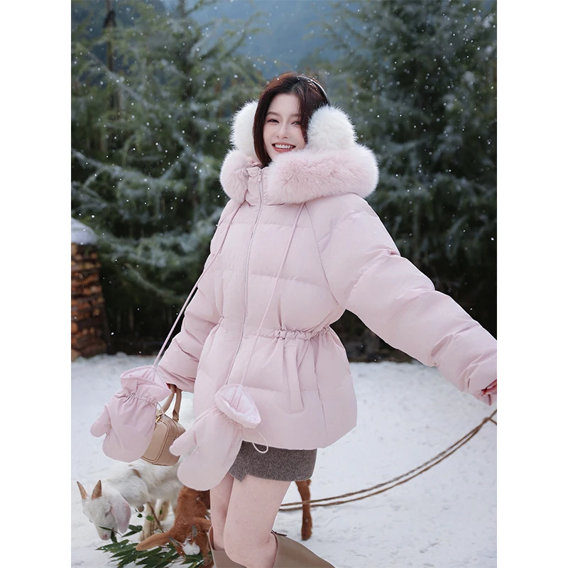 梅子熟了三星高洁90白鸭绒进口狐狸毛领三防两穿法式中长款羽绒服