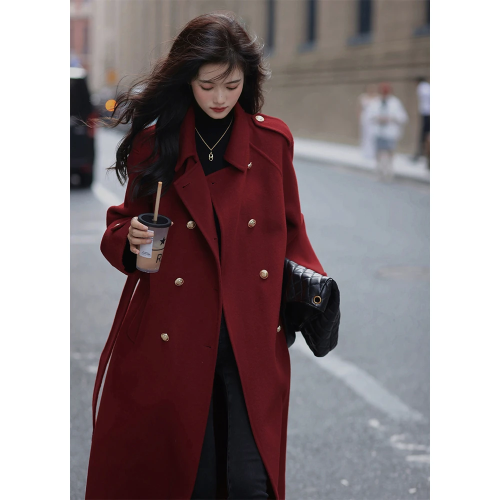 梅子熟了【店庆大衣】100羊毛红色新年结婚战袍双面毛呢大衣外套女