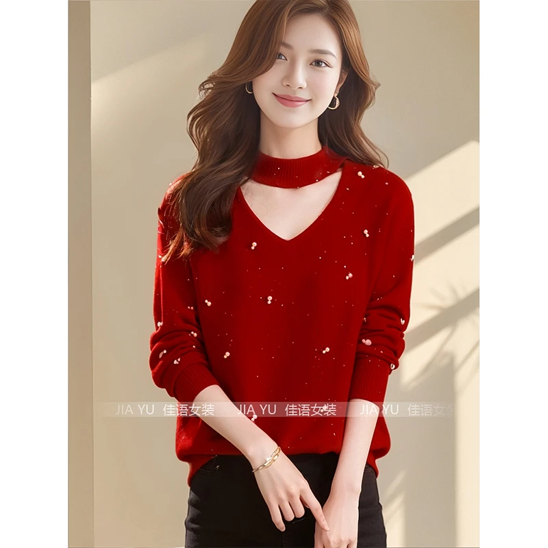 YY#今年流行洋气毛衣女款秋冬季钉珠设计感宽松针织打底DY7269