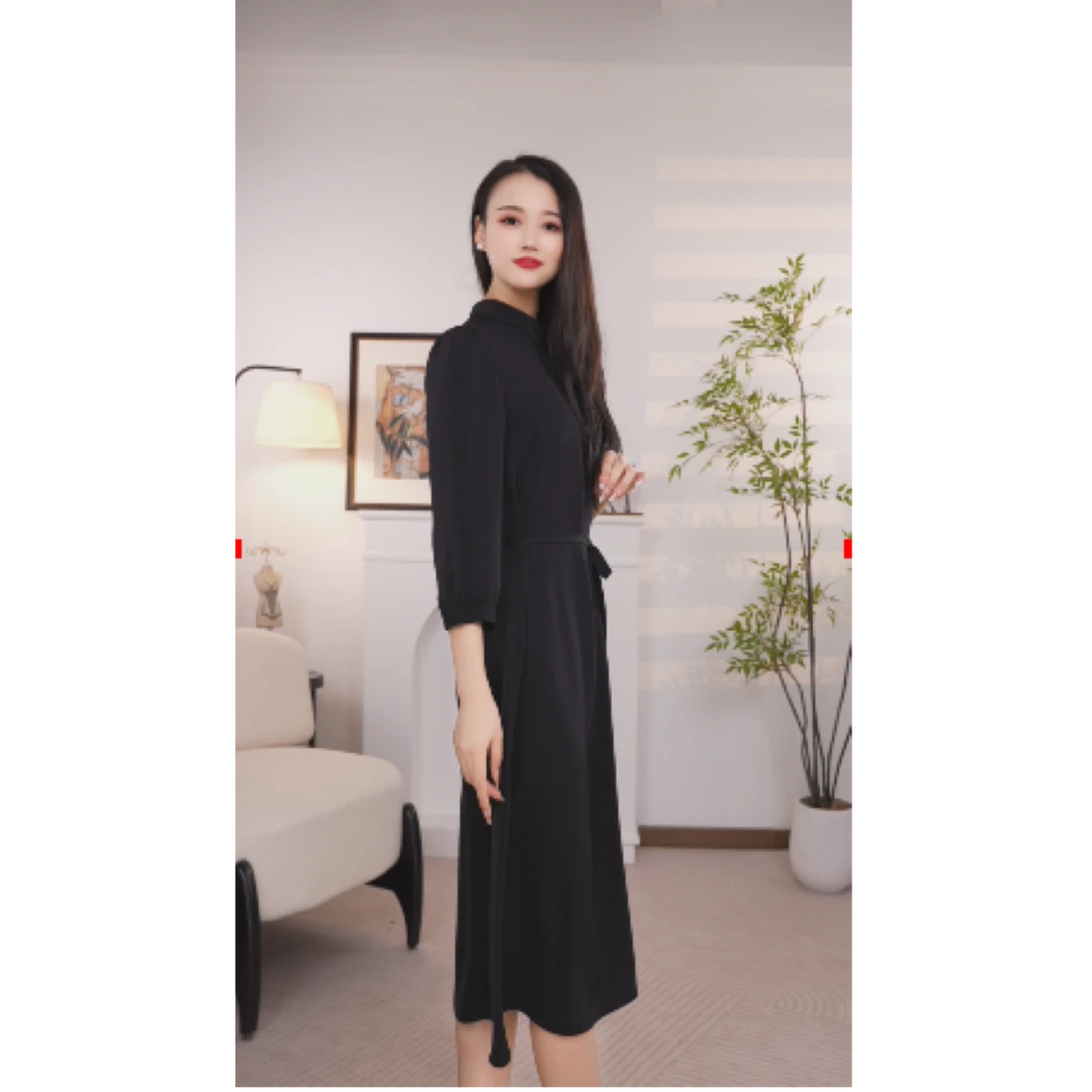 时尚复古优雅裙子显瘦气质法式收腰中式女装连衣裙311黑色