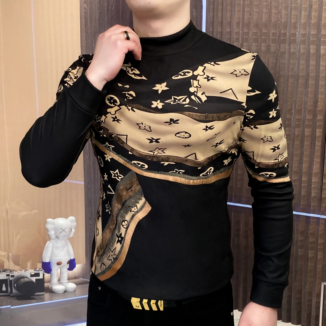 加绒小中领打底衫男士长袖网红时尚潮流修身印花秋冬个性CLY-6