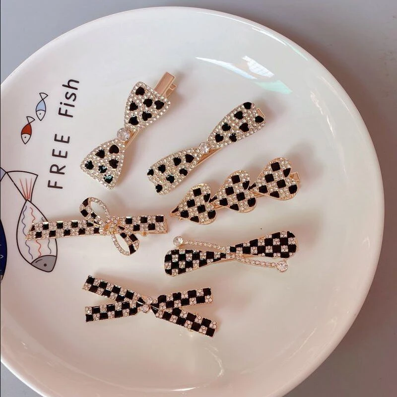 韩版水钻棋盘格发夹发卡女刘海侧边夹鸭嘴夹网红夹子头饰碎发夹