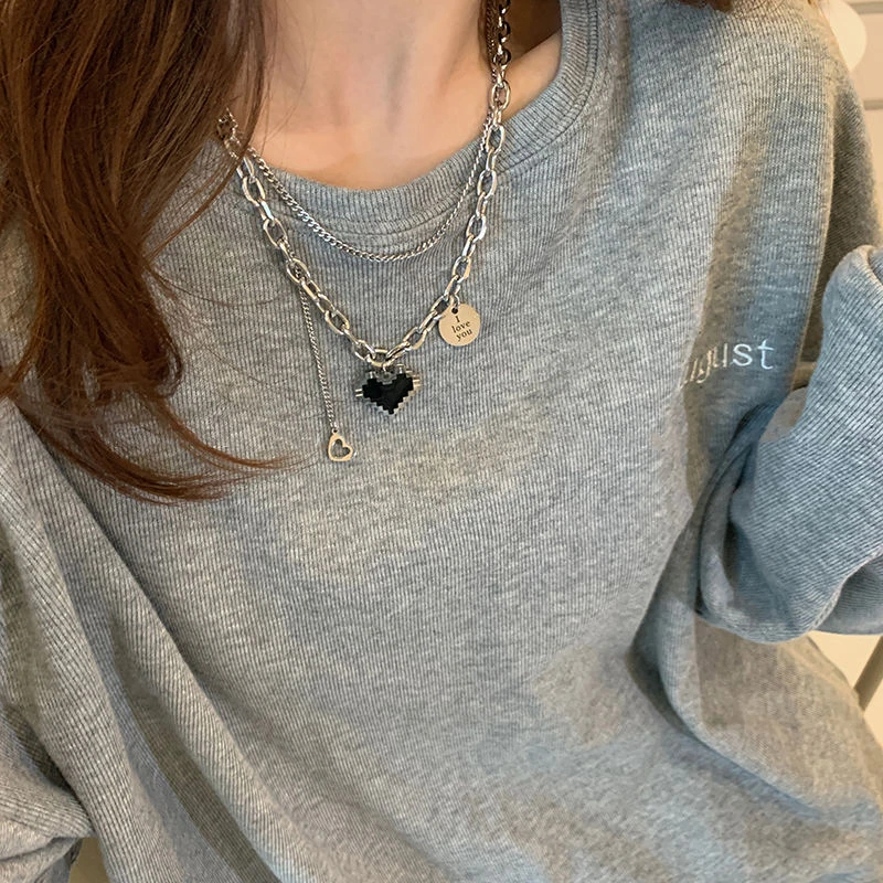 马赛克桃心双层项链秋冬ins气质嘻哈叠戴不掉色卫衣链