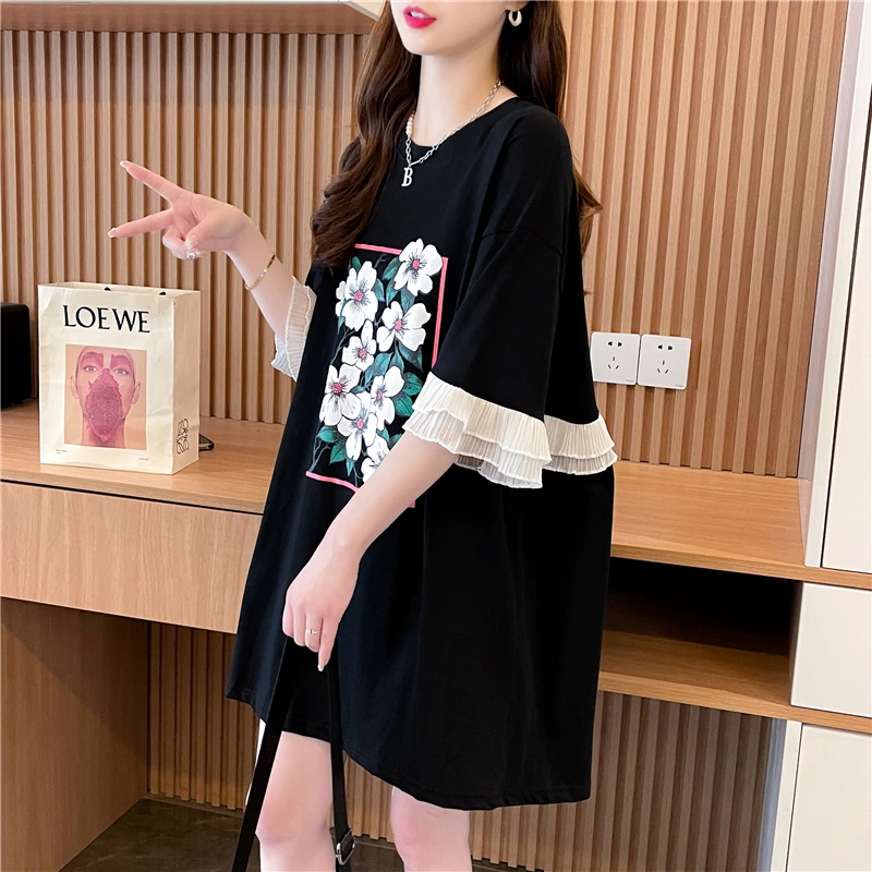 中长款花边设计感大版短袖t恤裙女韩版宽松大码胖mm显瘦遮肉上衣