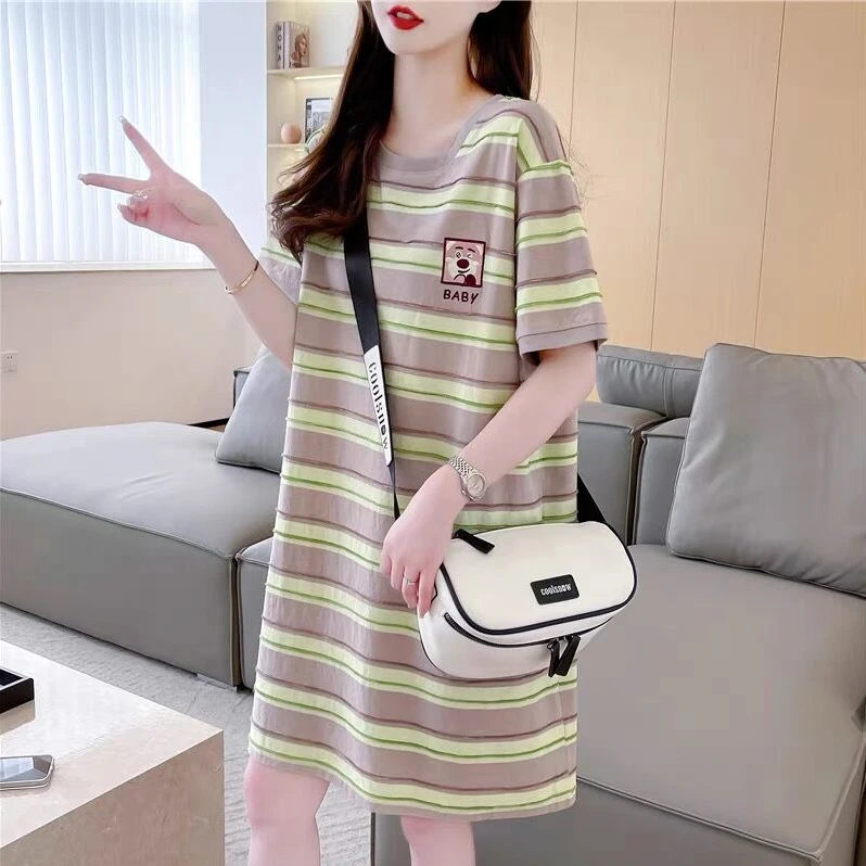 爽棉中长款遮臀t恤裙女短袖韩版大码宽松遮肚子显瘦条纹连衣裙夏