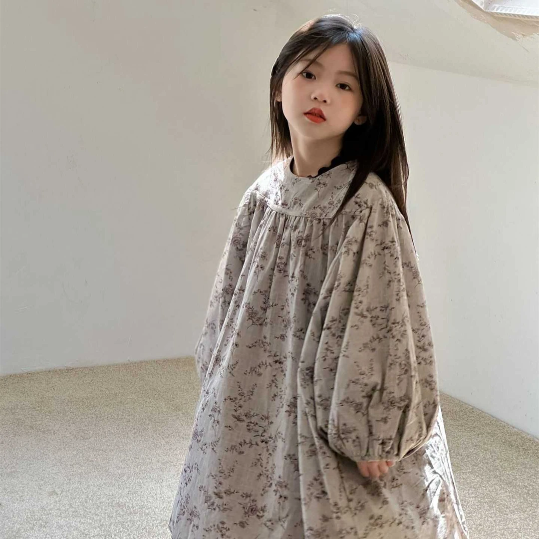 柚小蜜【秋意浓】秋季新款女童韩系慵懒风蕾丝花边碎花长裙公主裙