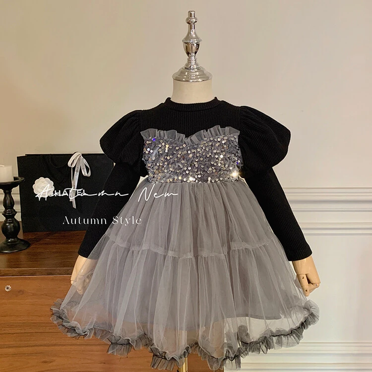 韩版童装女童冬季连衣裙加绒加厚感网纱公主裙女孩灰色礼服裙