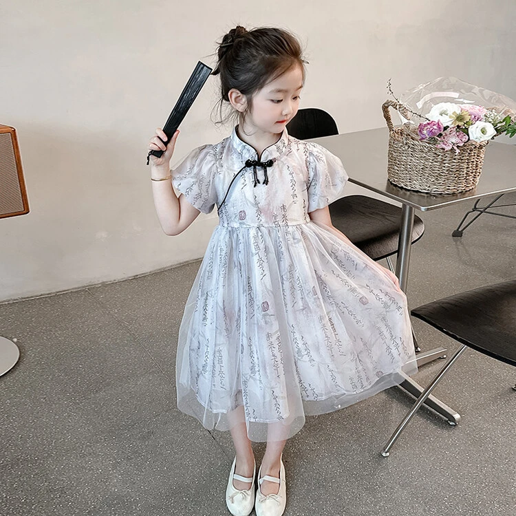 柚小蜜【江南墨雨】女童洋气中国风盘扣印花连衣裙女童中小童8837