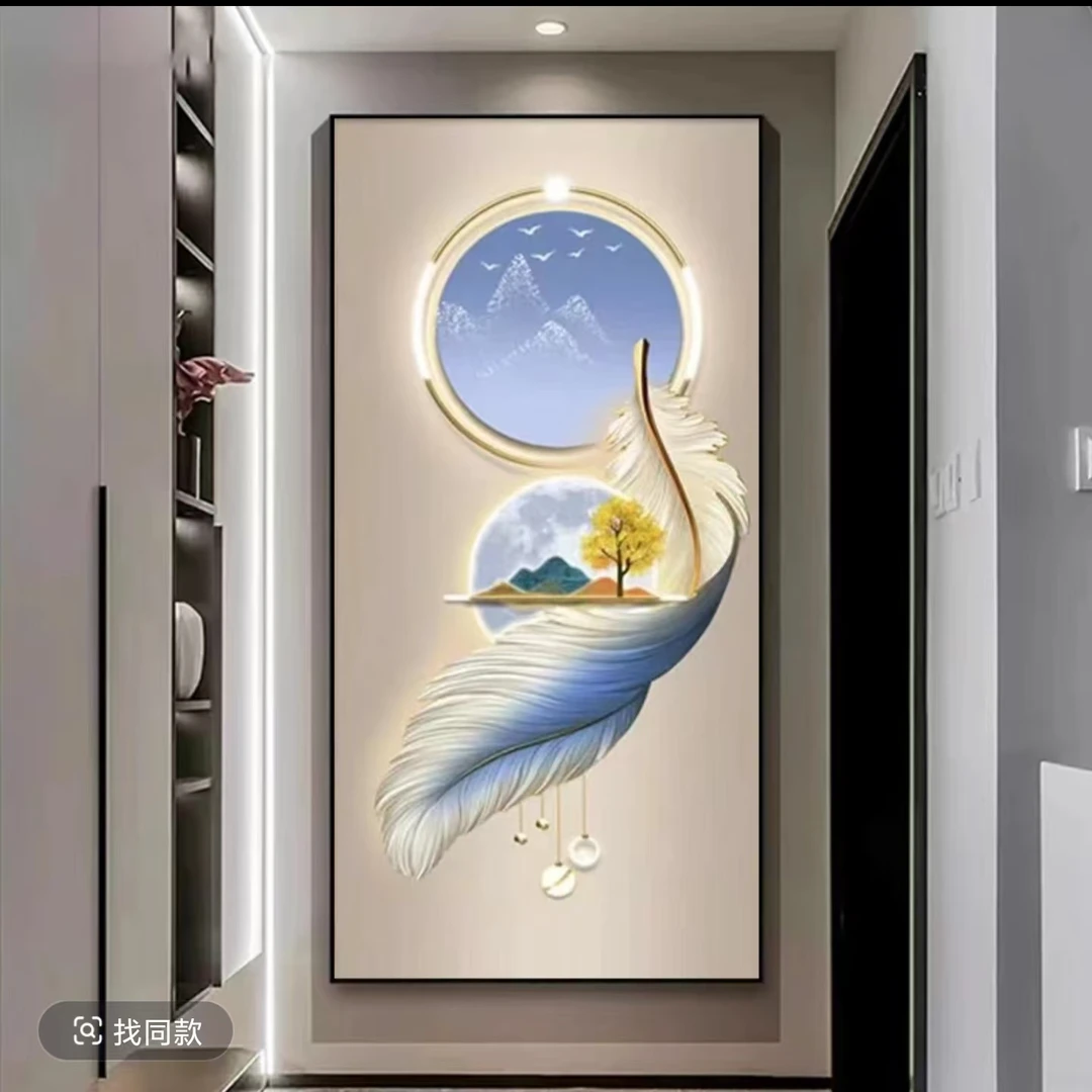镶钻【新蓝羽毛】202晶瓷pvc边框晶瓷玄关挂画走廊过道装饰画捡漏