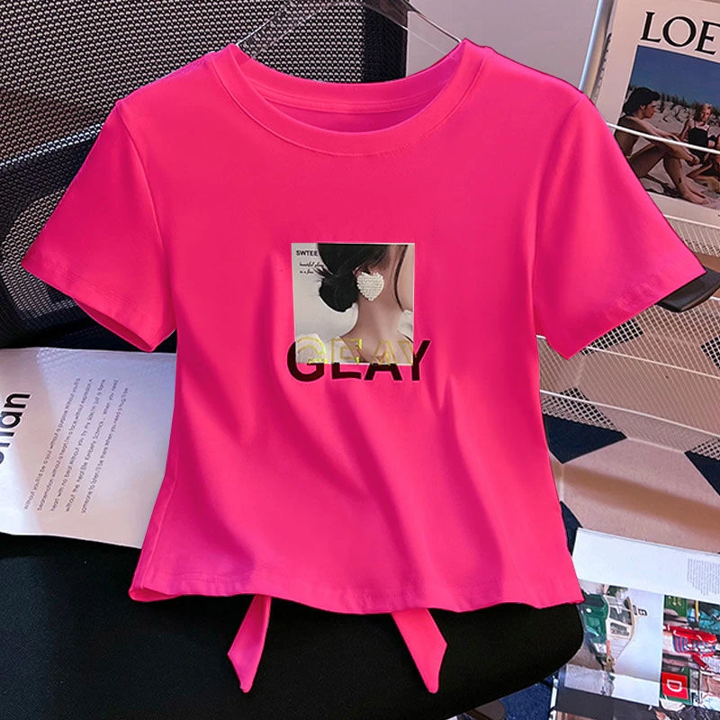 今年新款后背打结上衣夏季设计感小众独特别致修身短款短袖t恤女