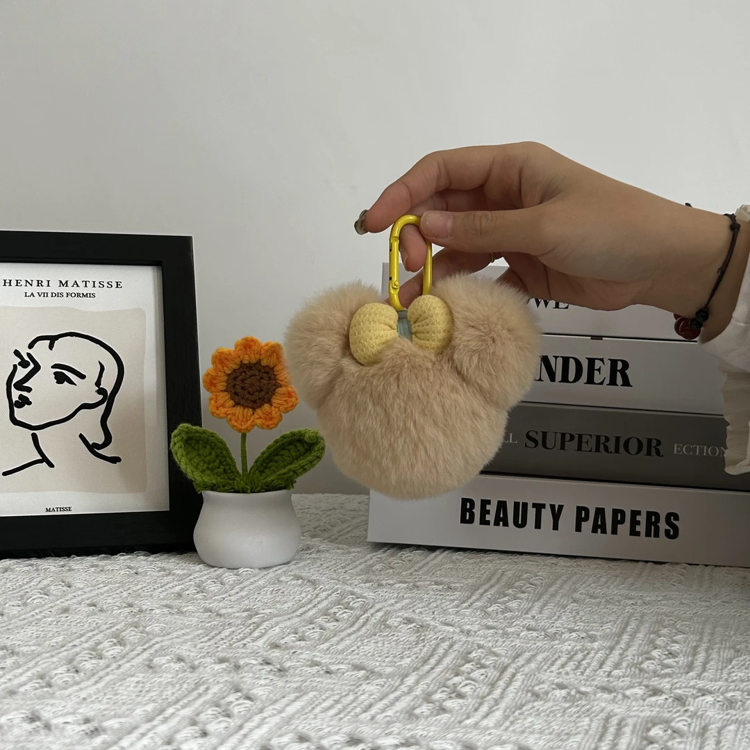 韩系氛围感可爱獭兔毛蝴蝶结米奇头汽车钥匙扣挂件包包挂饰礼物