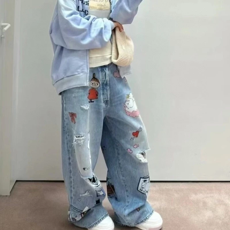 【Vera】25早春新款小众设计趣味美式卡通印花破洞阔腿牛仔裤