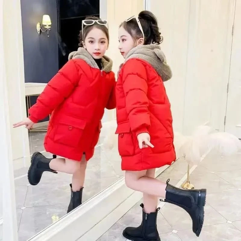 女童秋冬外套加绒棉衣冬装2023新款洋气小女孩棉袄中长款儿童棉服