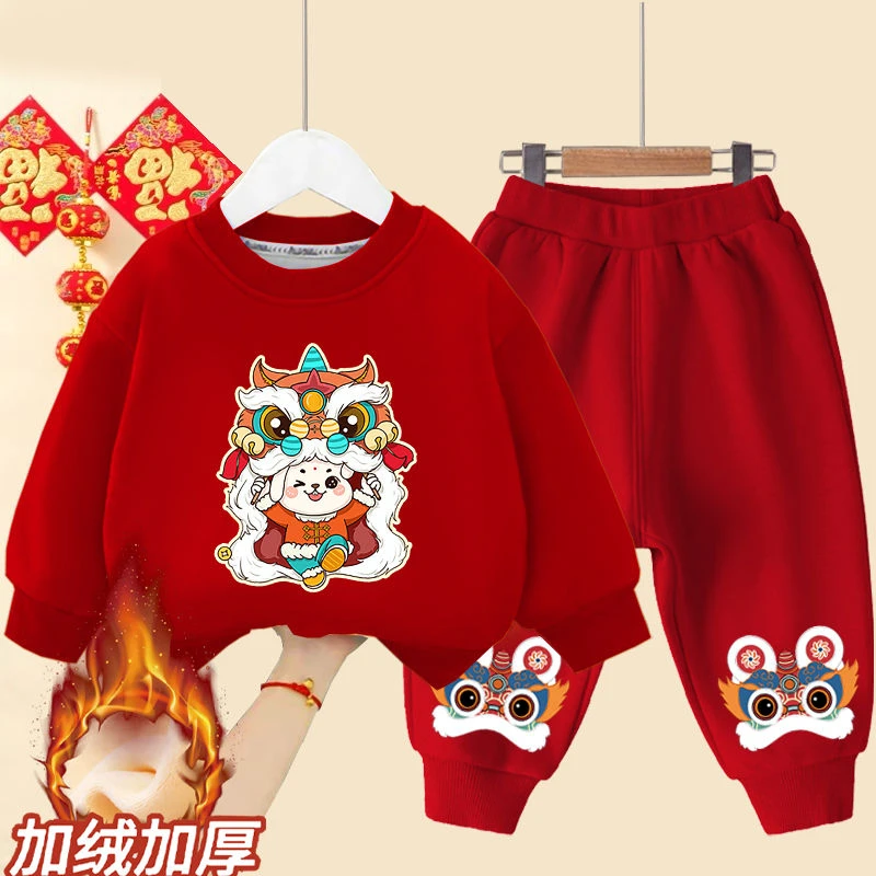 儿童套装冬季男女童卫衣加绒加厚中国风宝宝过年喜庆拜年服两件套