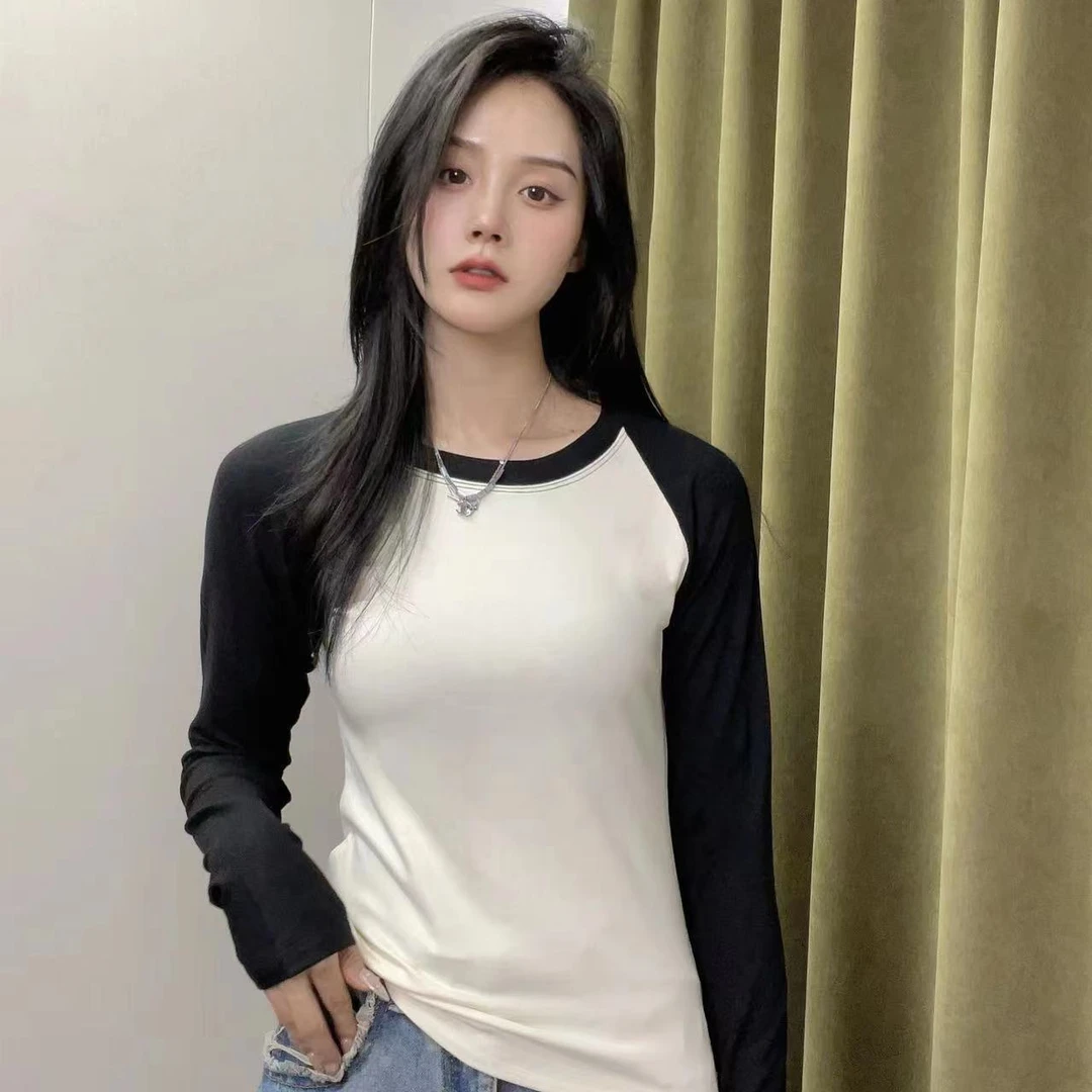 撞色百搭正肩t恤女长袖秋季2023新款修身打底衫女内搭紧身上衣