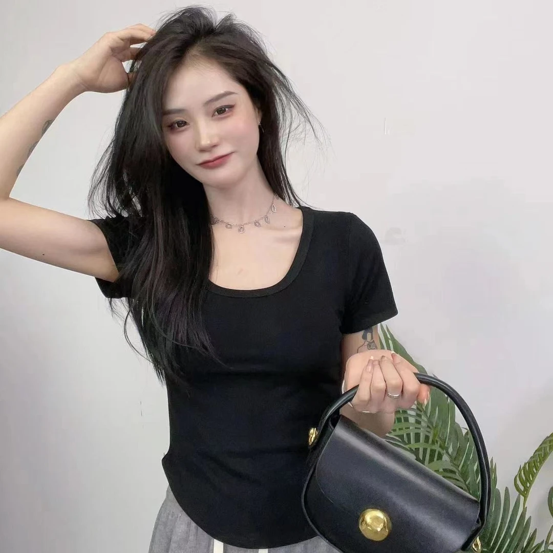 运补6-8 方领不规则 显瘦设计感夏季修身u领短袖T恤女百搭上衣女