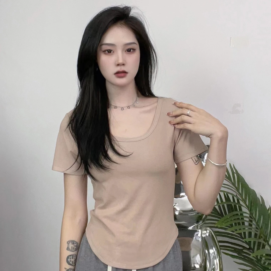 【粉丝专享】u领短袖T恤女夏季纯欲风韩版辣妹短款显瘦上衣
