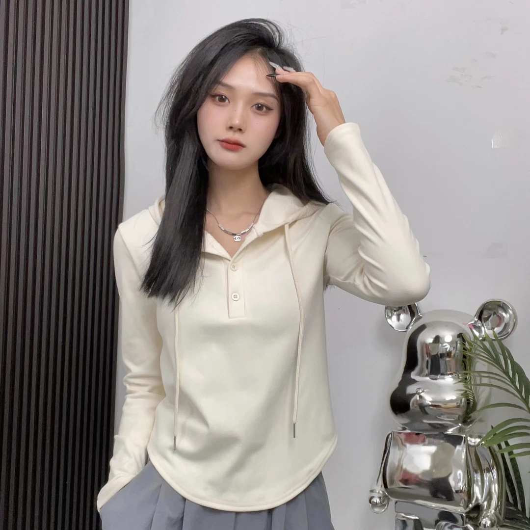 百搭纯色连帽t恤女秋冬内搭新款设计感小众修身显瘦卫衣长袖上衣